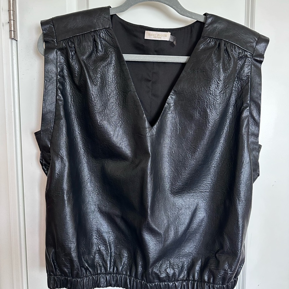 Ramy Brook Black Faux-Leather V-Neck Tank